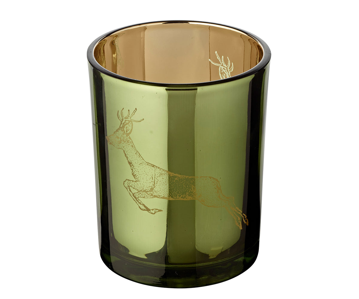 Teelichtglas Rehbock grün/gold